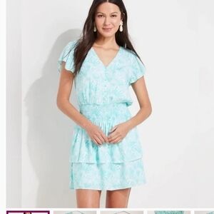 Vineyard Vines Light Aqua Tropical Print V-Neck Tiered Dress. Size L